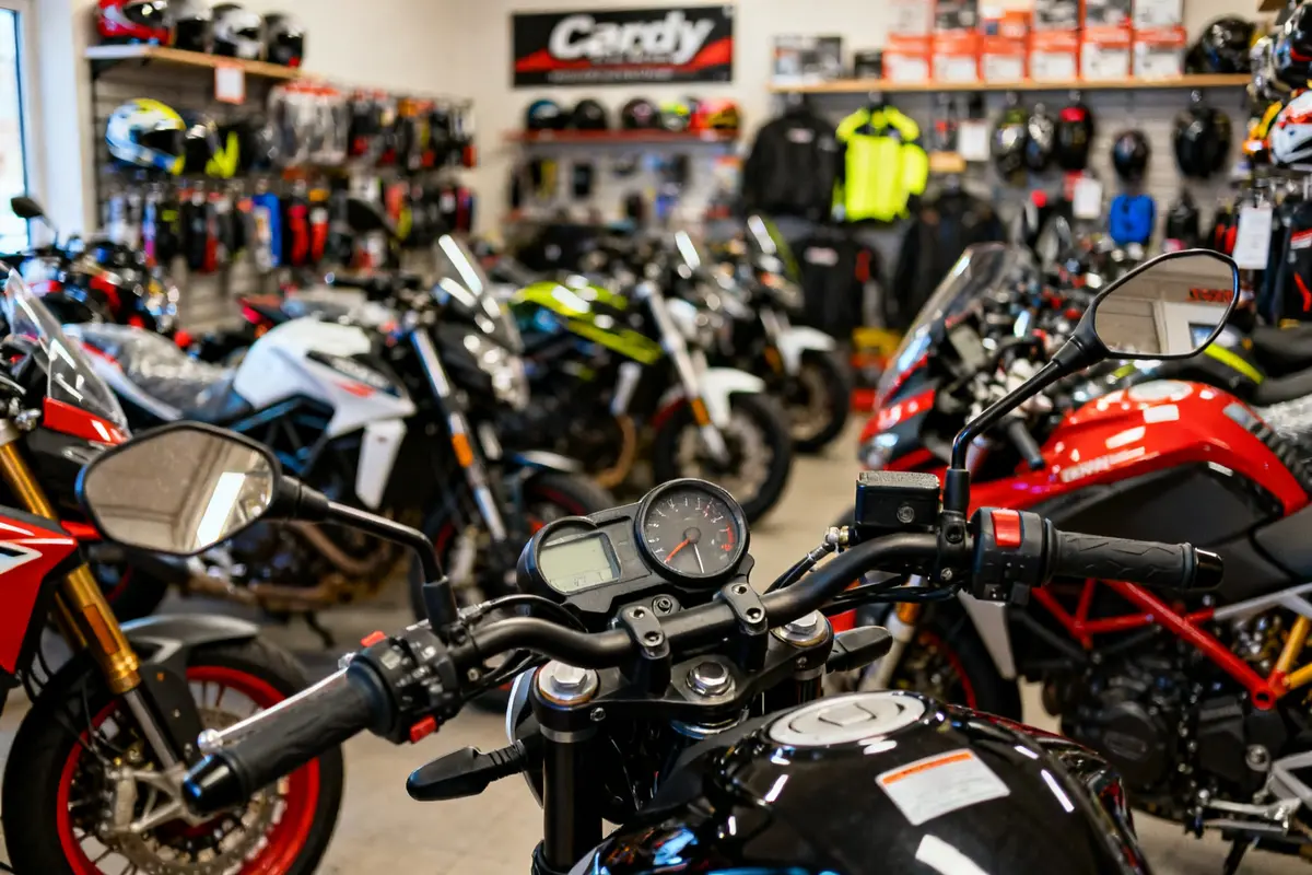 Moto de près dans le magasin Cardy Center avec casques et accessoires en arrière-plan