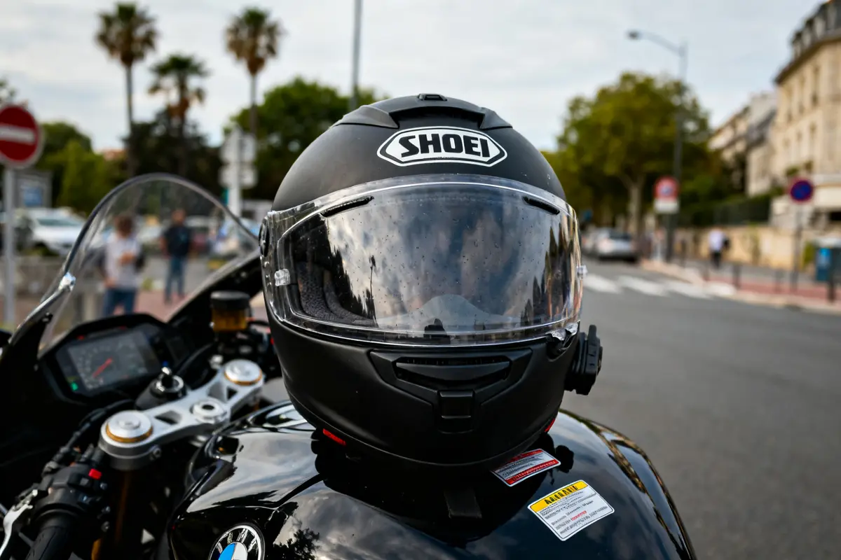 Casque moto marque Shoei posé sur une moto stationnée en ville par temps nuageux