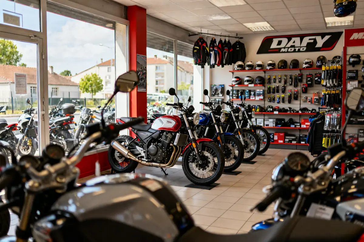 Intérieur du magasin Dafy Moto Châteauroux avec motos et équipements exposés