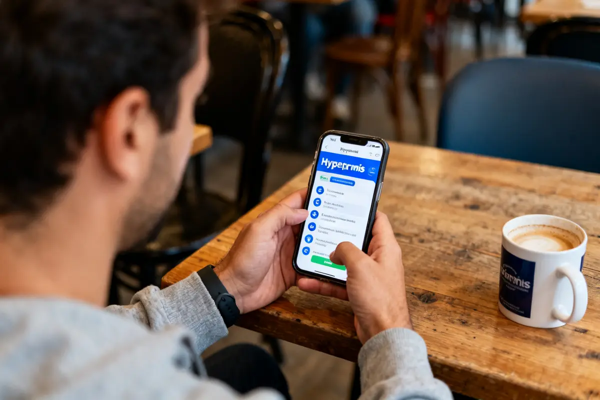 Personne utilisant l'application Hyperpermis sur smartphone, à côté d'une tasse à café Hyperpermis