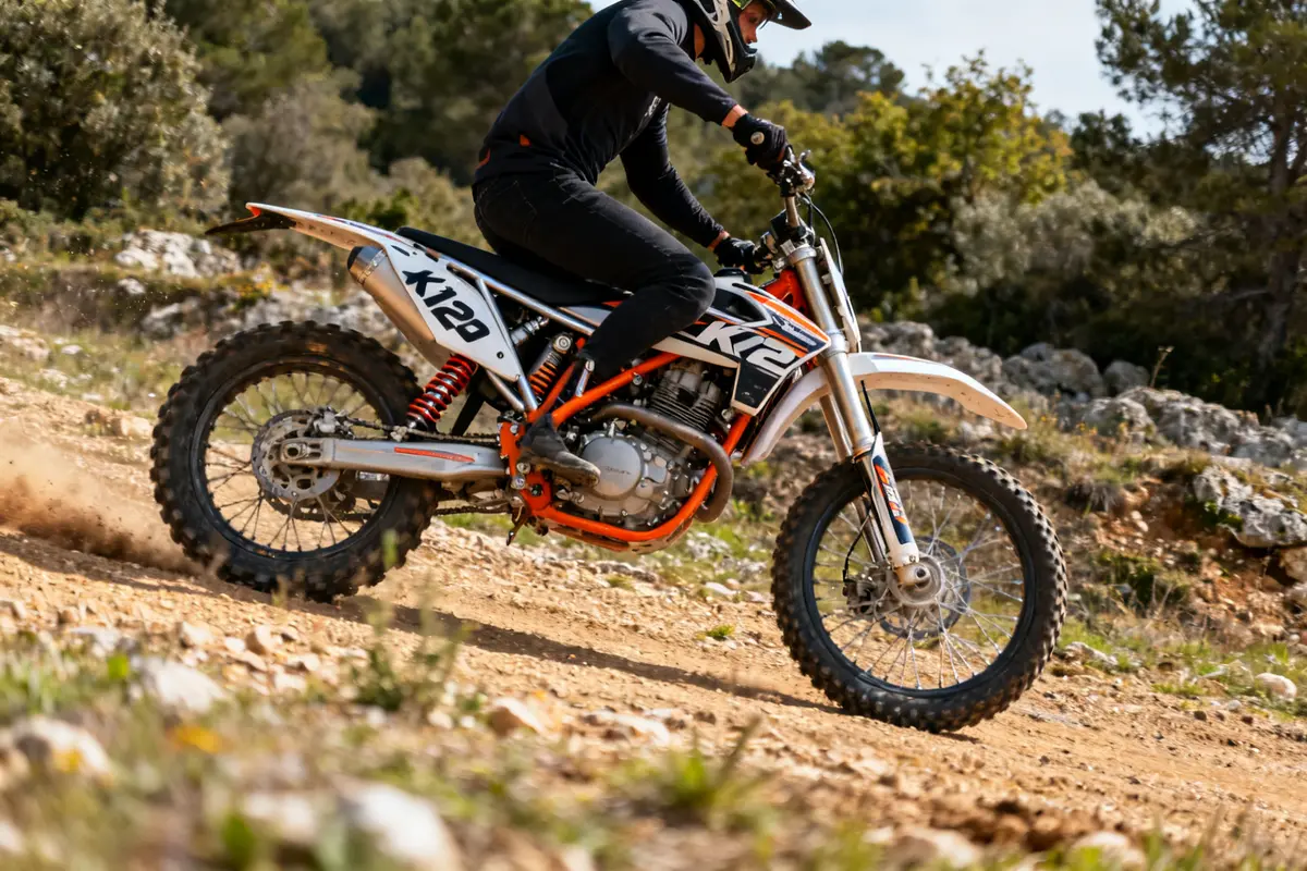 Motard sur moto tout-terrain kmx125 parcourant un chemin de terre en plein air