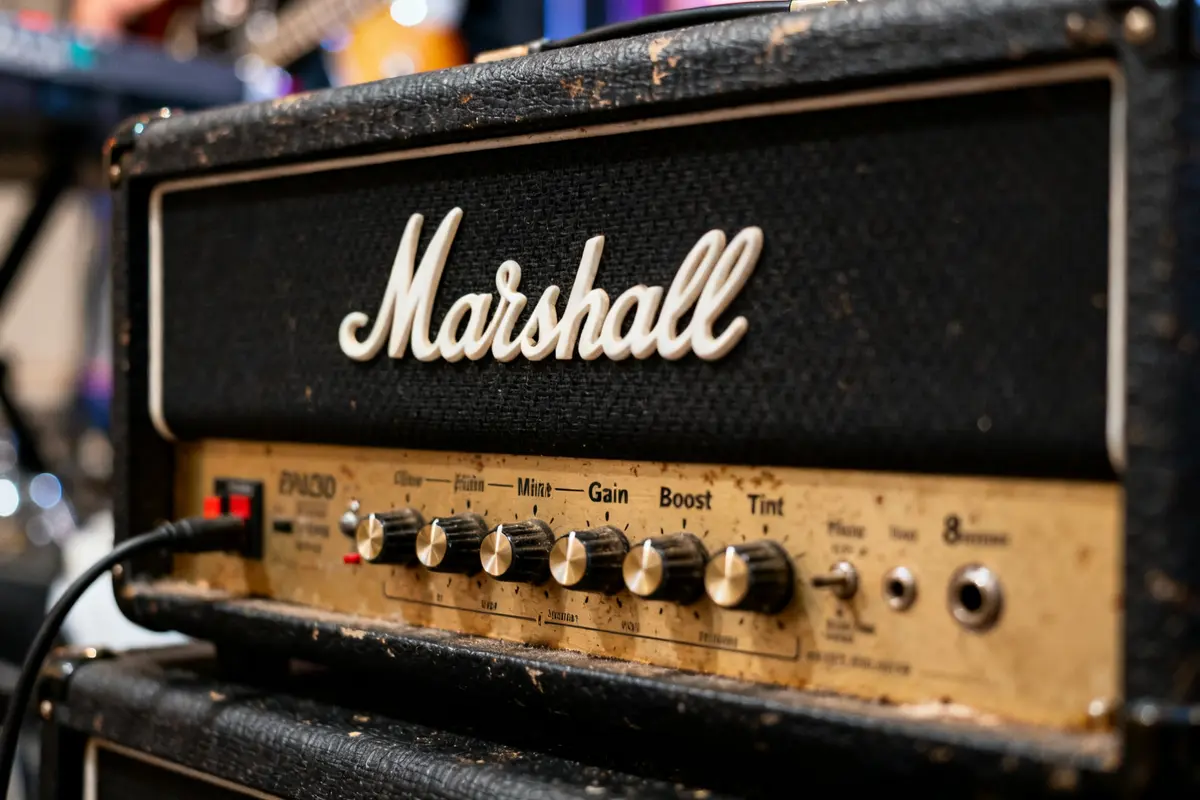Amplificateur guitare vintage Marshall 800 en gros plan avec boutons réglables et connectique visible