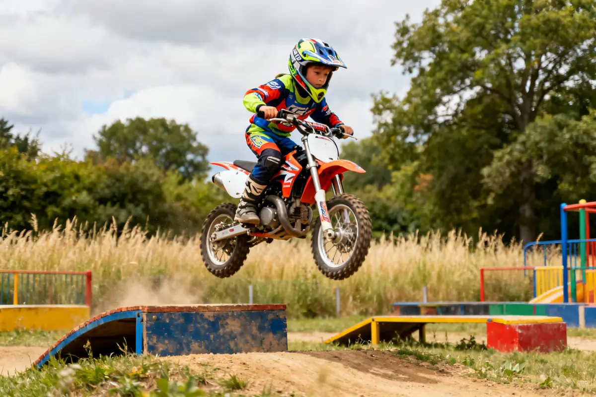 Enfant de 10 ans sautant en moto cross sur une rampe en pleine nature