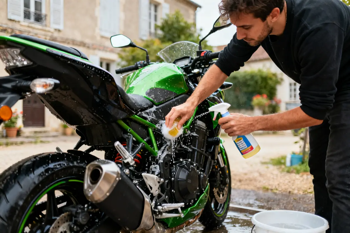 Homme effectuant le nettoyage d'une moto verte avec un seau et des produits spécialisés