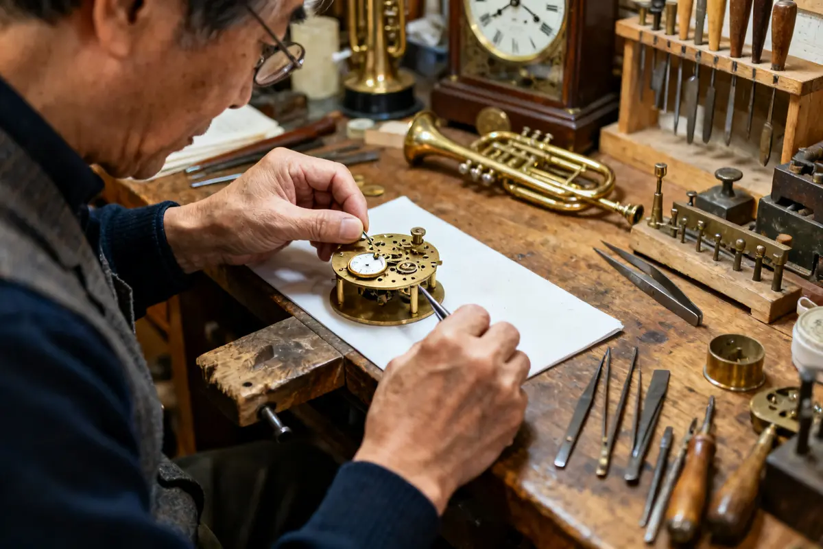 Homme réparant un mécanisme horloger dans un atelier reflétant l'origine de Yamaha en horlogerie.