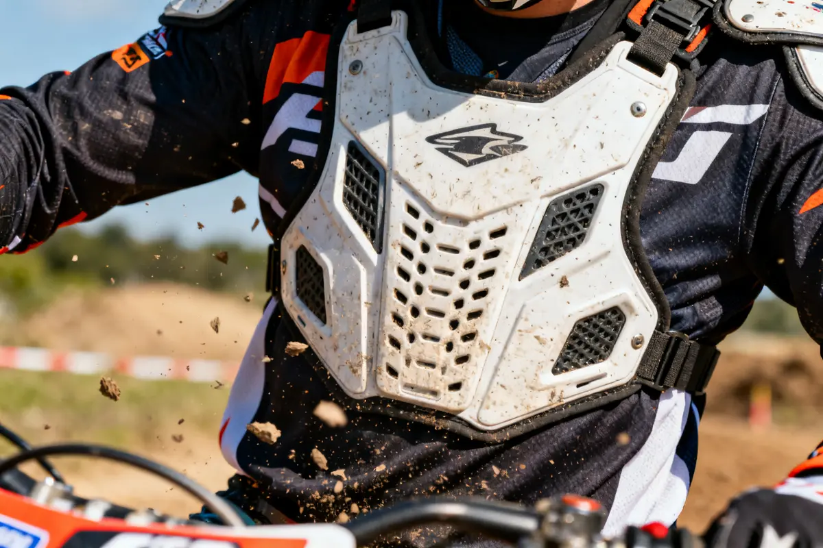 Pilote de motocross recevant des projections de par pierre moto cross sur son plastron