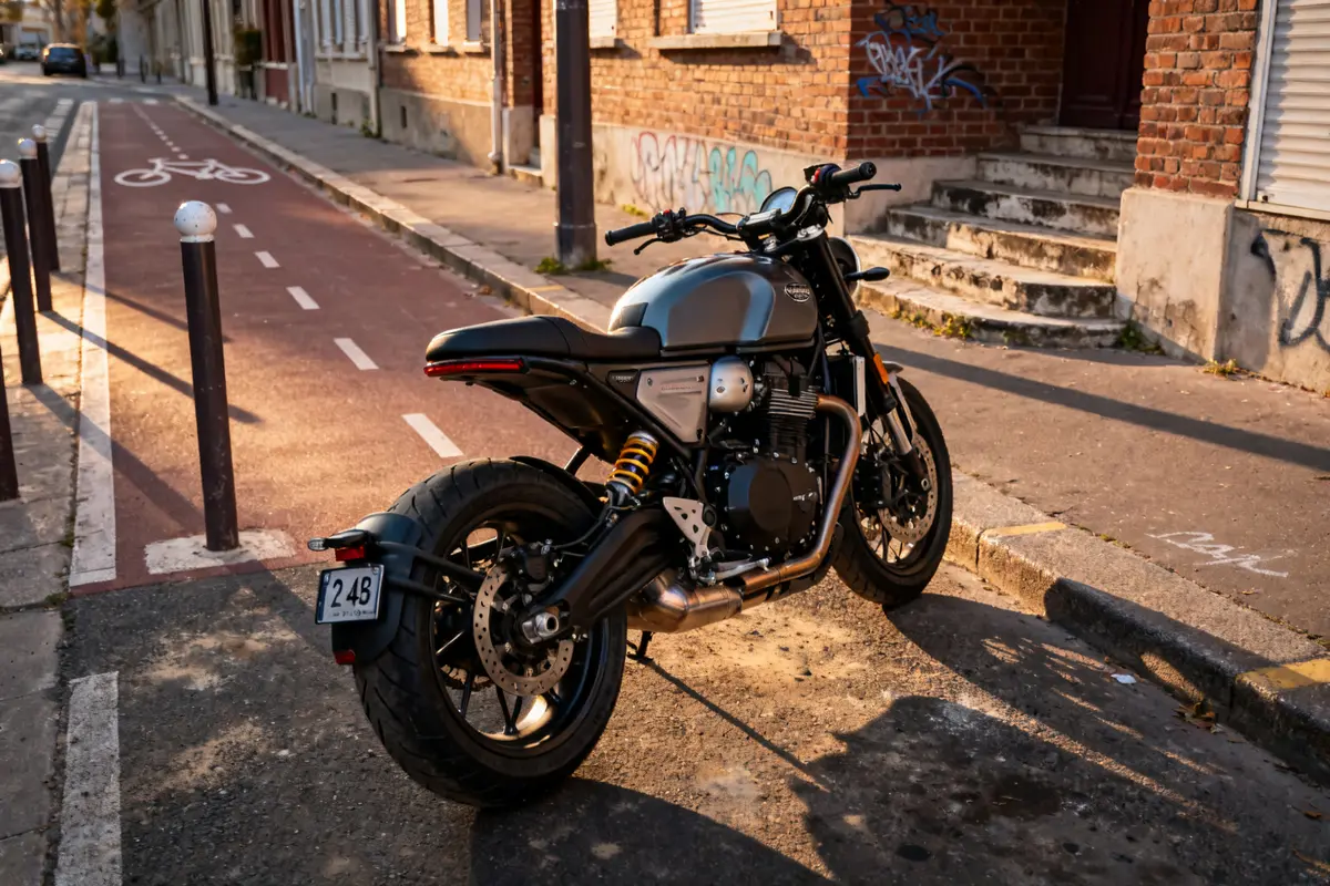Moto stationnée sur piste cyclable en ville sous lumière dorée, modèle Rocket 3.0 visible