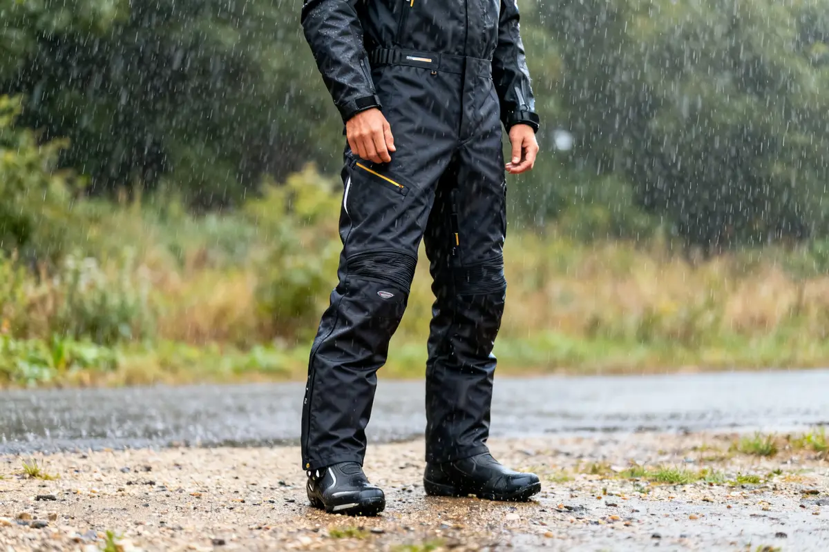 Motard sous la pluie portant un surpantalon moto pluie sur route mouillée