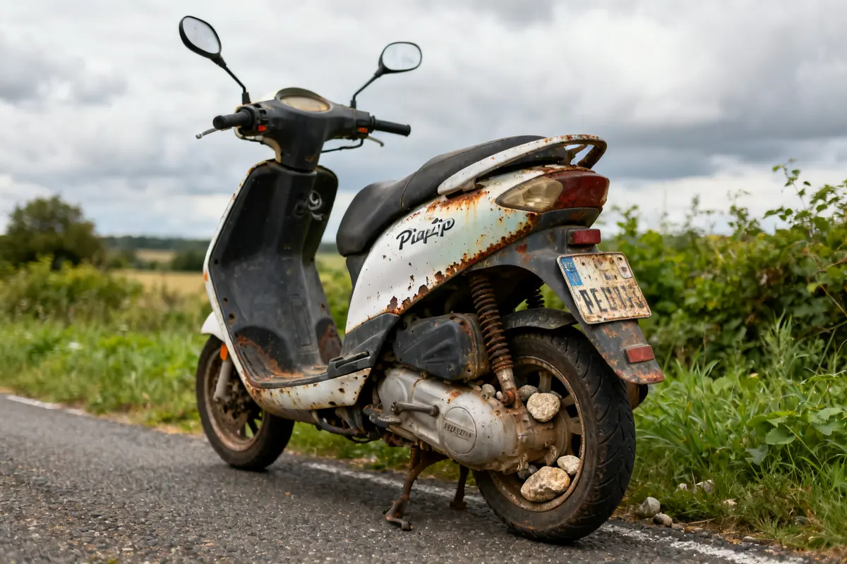 Scooter Piaggio rouillé garé sur le bord de route avec zip cote visible