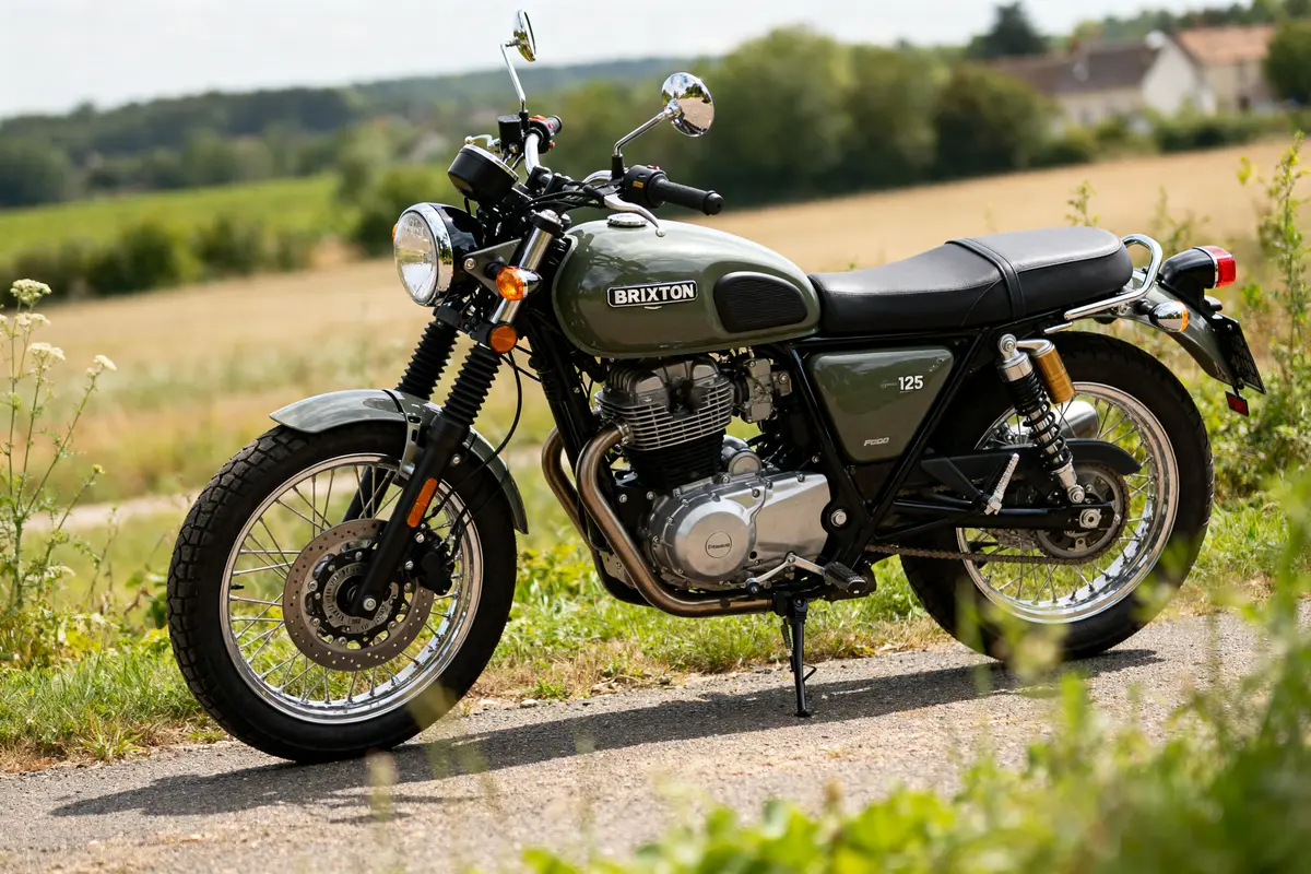 Moto vintage Brixton sur petite route de campagne, design classique et champ en arrière-plan