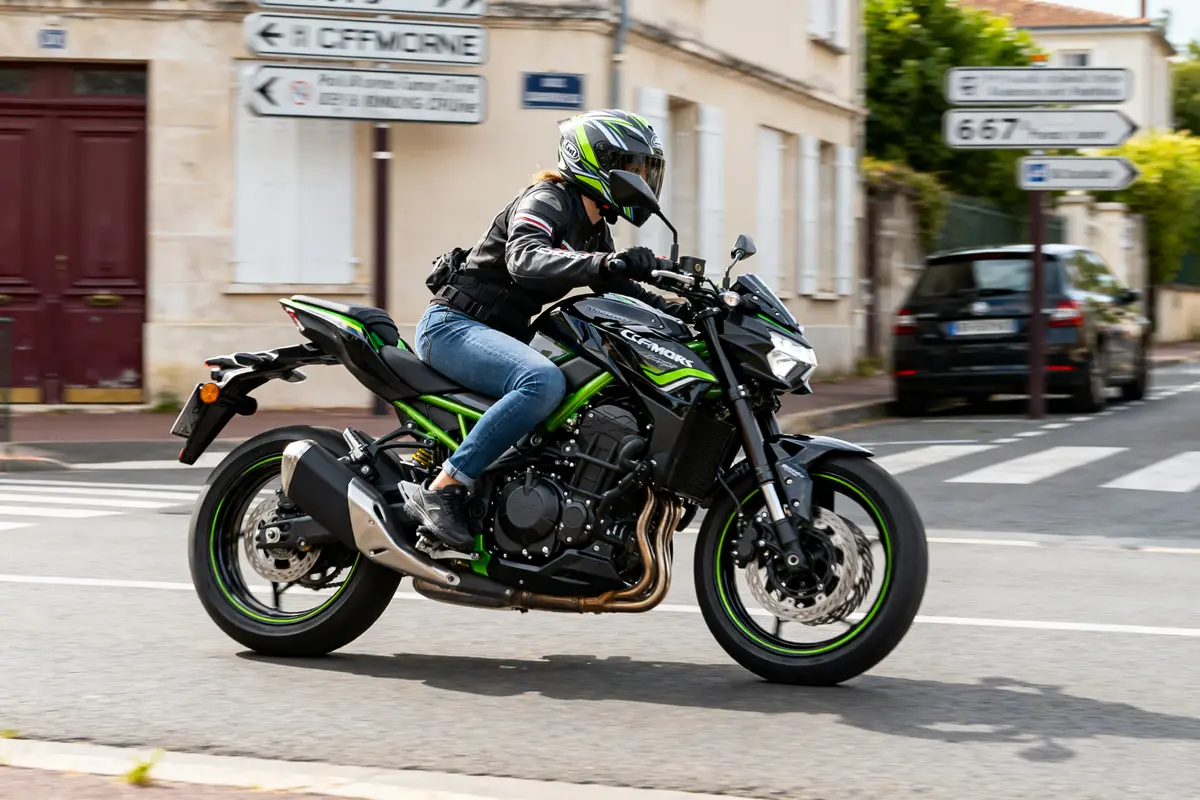 Motard roulant sur une CFMoto 675 dans une rue de ville avec panneaux indicateurs
