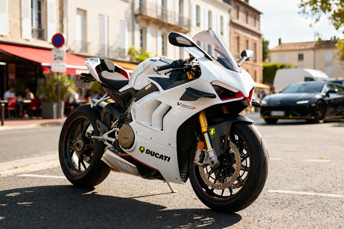 Moto Ducati Panigale V4 Lamborghini blanche stationnée en ville, design sportif et élégant