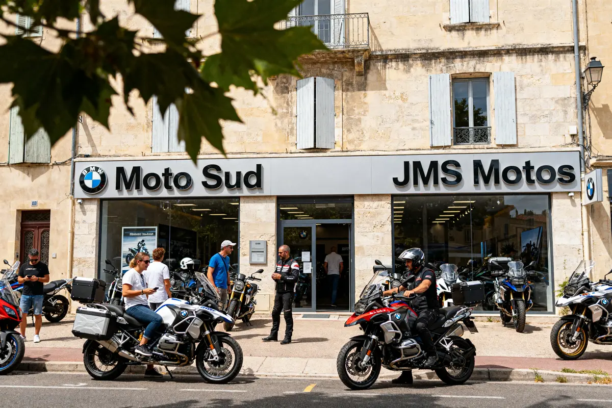 Magasin JMS Motos en Avignon avec clients et motos chez le concessionnaire BMW moto.