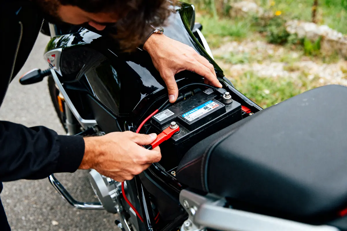 Personne en train de débrancher la batterie d'une moto pour entretien ou remplacement