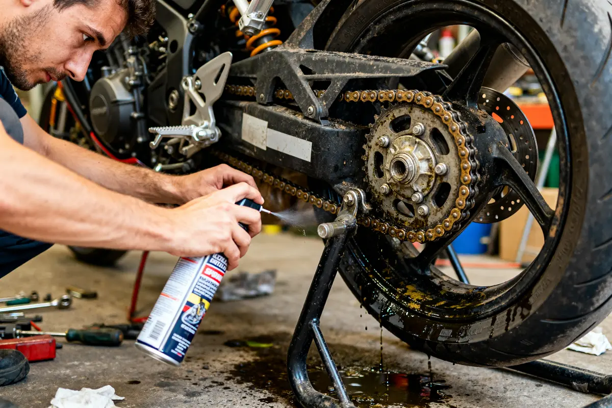Réparation en atelier pour dégraisser la chaîne de moto avec un spray spécialisé entretien.