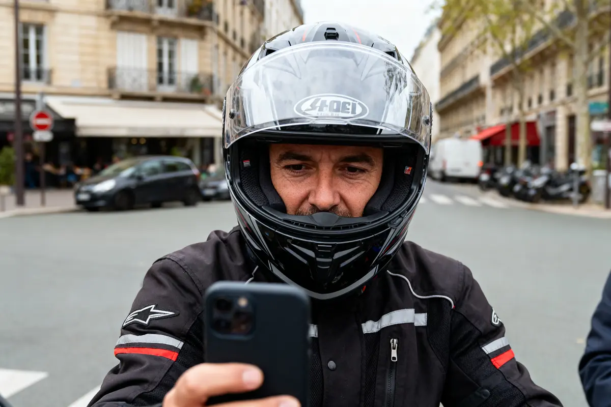 Motard casqué utilisant un smartphone en extérieur sur une rue de ville française.