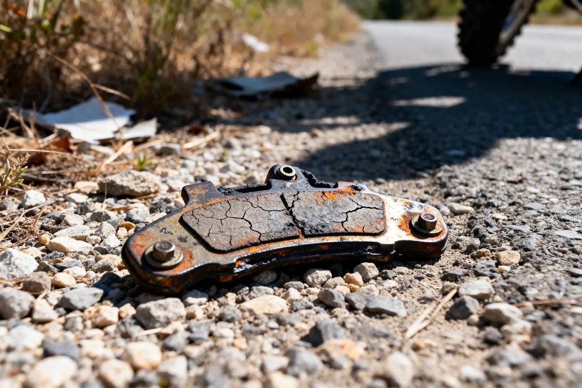 Plaquette de frein moto cross usée posée sur gravier près d'une route ensoleillée