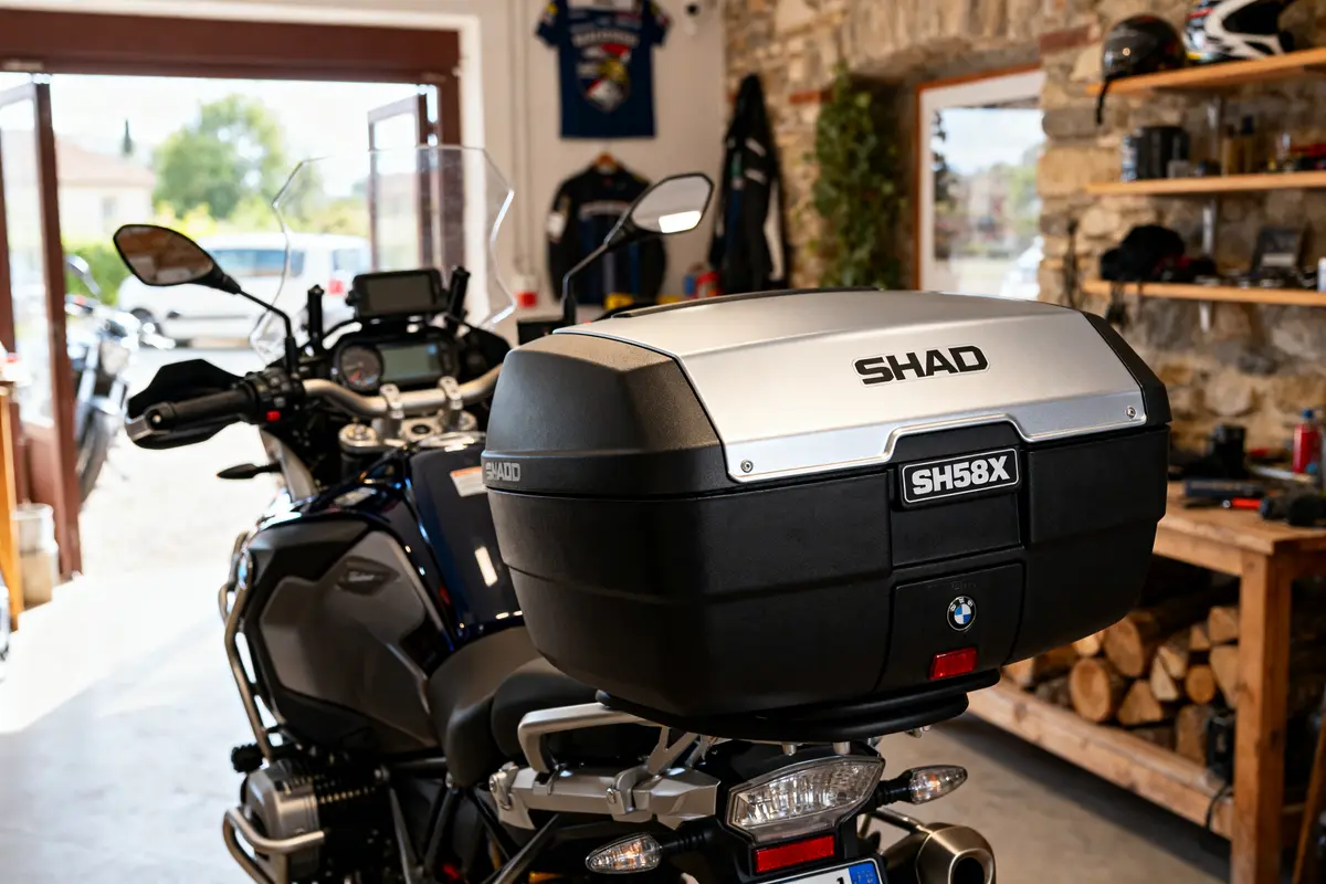 Moto équipée d'un top case Shad SH58X dans un garage aménagé, lumière naturelle.