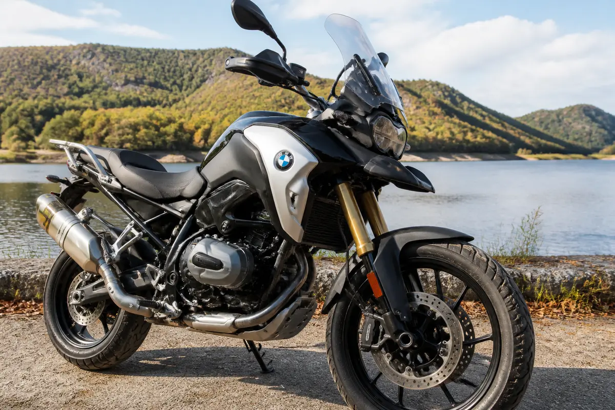 Moto BMW garée près d'un lac, décor de montagnes et ciel nuageux en arrière-plan.