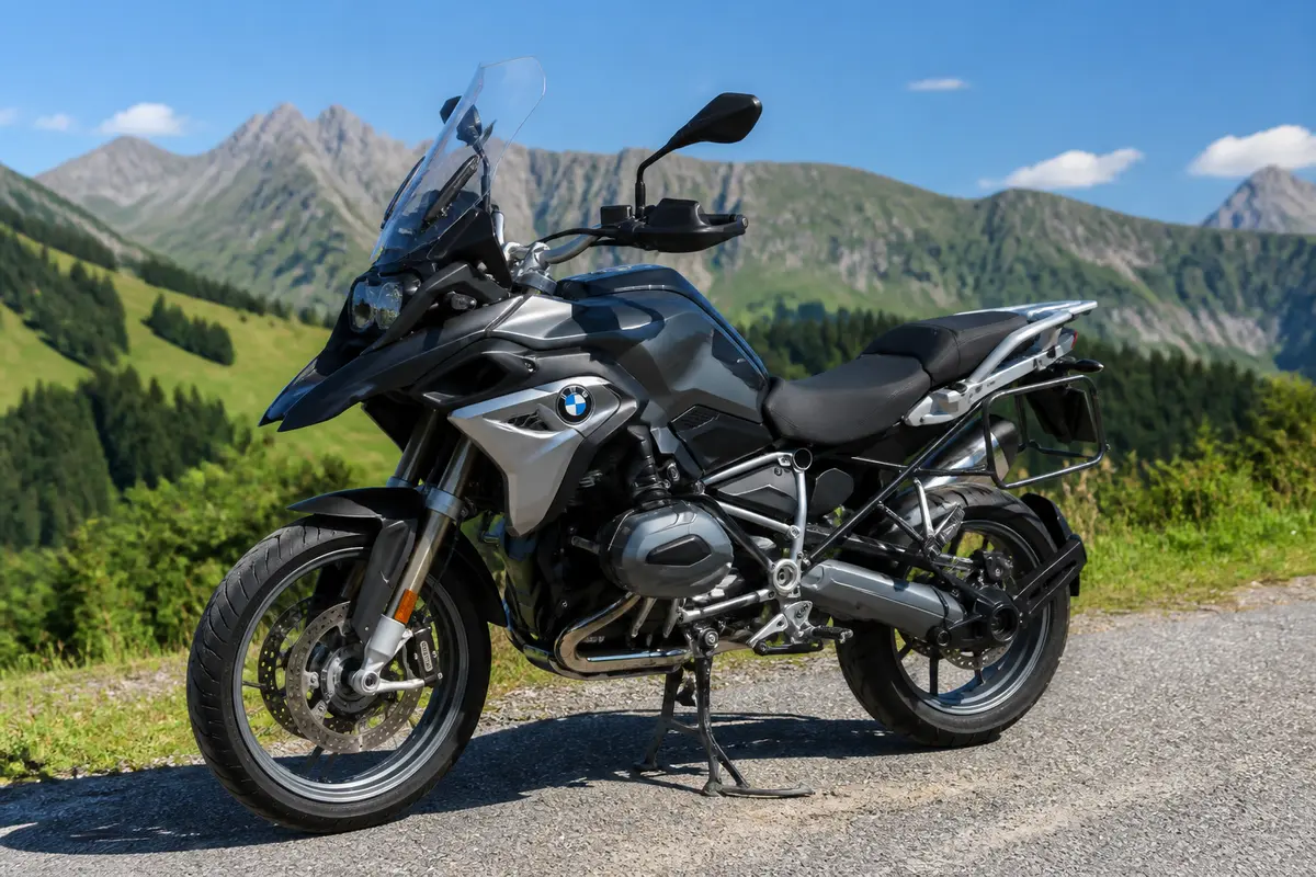 Moto BMW grise garée, montagnes verdoyantes et ciel bleu en arrière-plan.