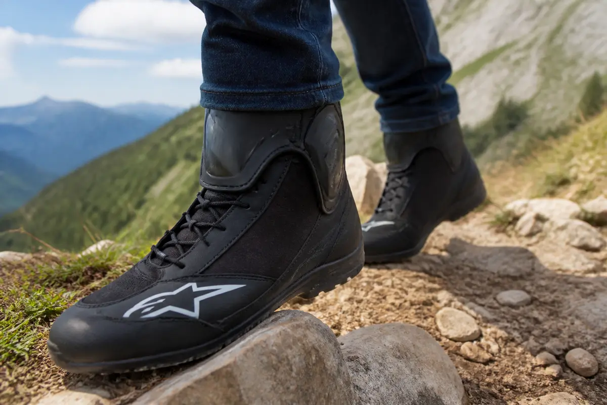 Chaussures de randonnée noires sur un sentier montagneux, avec vue sur paysage verdoyant et ciel bleu.
