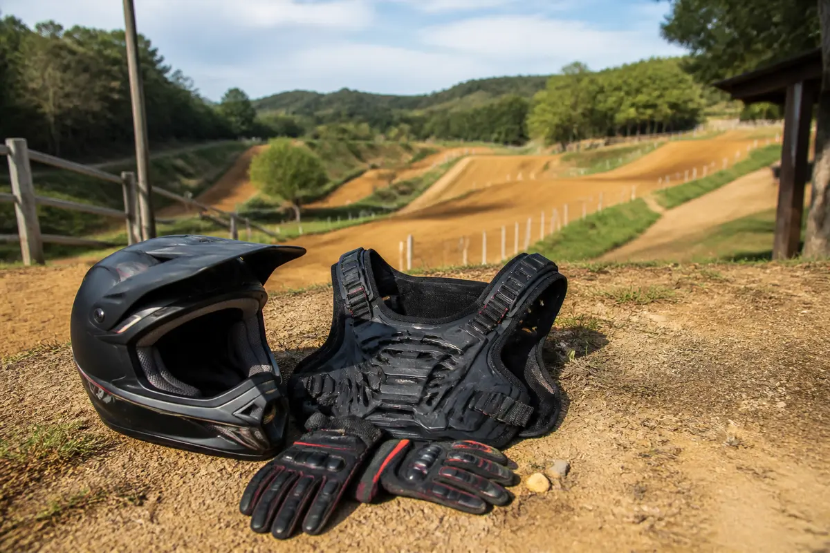 Équipement de protection moto sur terrain de motocross, comprenant casque, gants, et plastron, sous ciel dégagé.