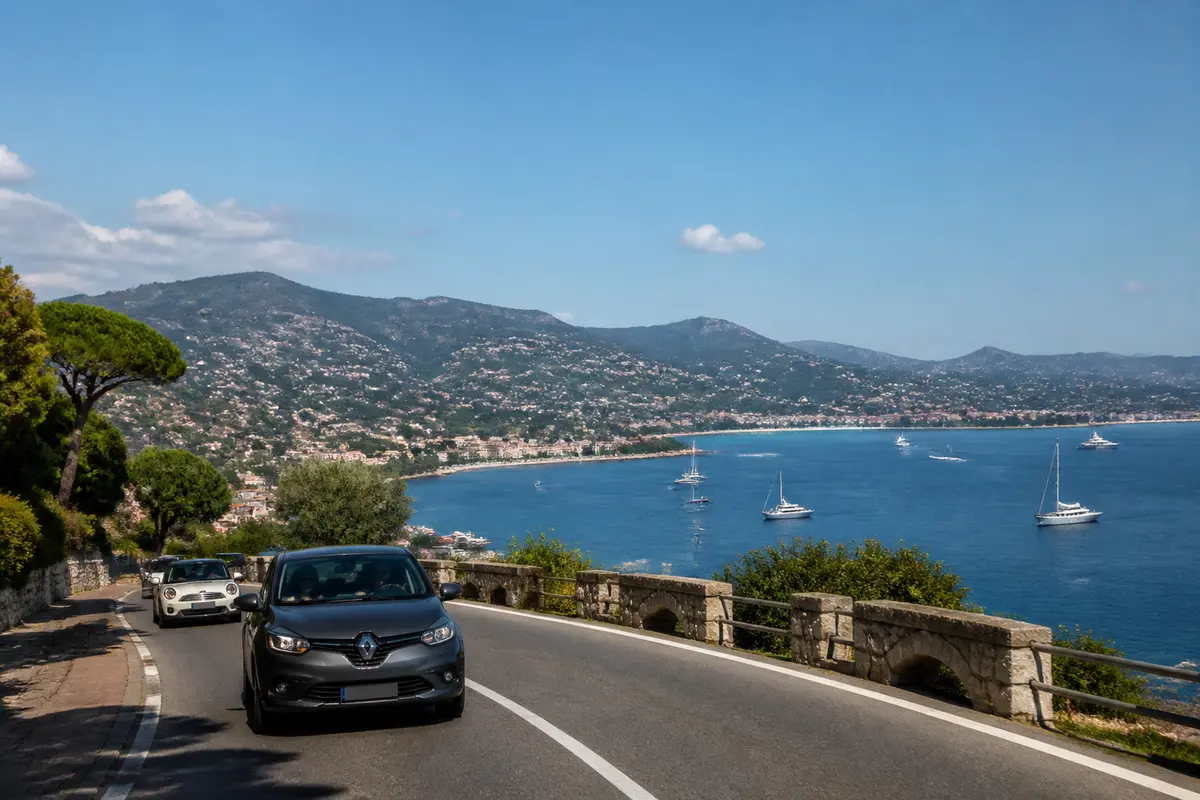 Route côtière ensoleillée avec voitures, bordant une mer bleue, bateaux et collines verdoyantes en arrière-plan.