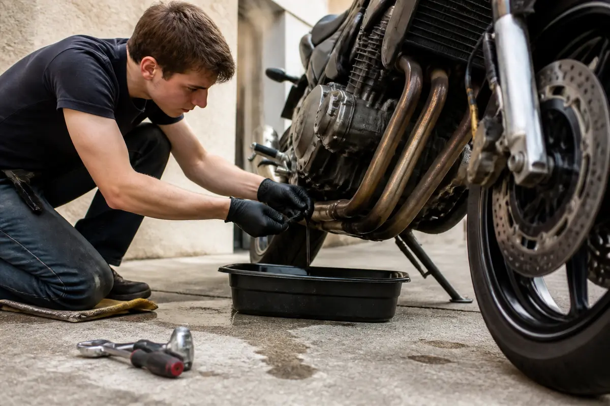 Un homme effectue la vidange d'une moto garée, outils et bac à huile visibles au sol.
