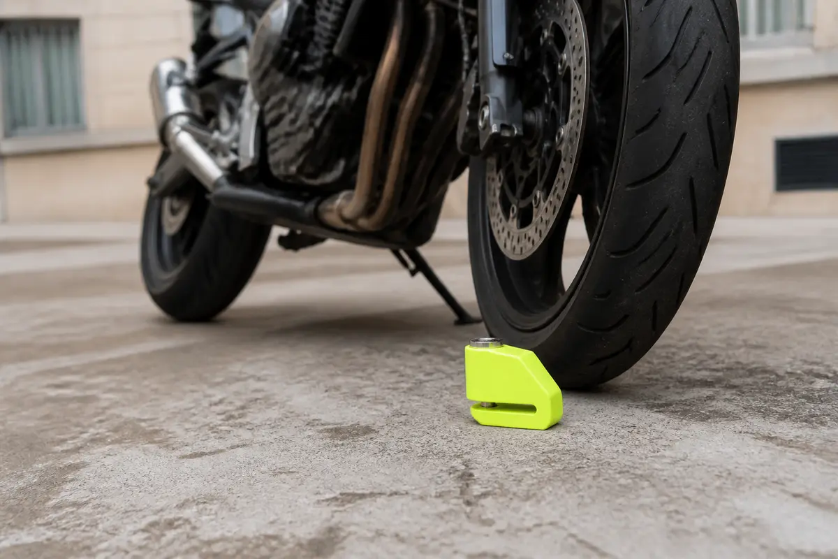 Moto garée avec antivol bloque-disque jaune sur la roue avant, stationnée sur sol béton.